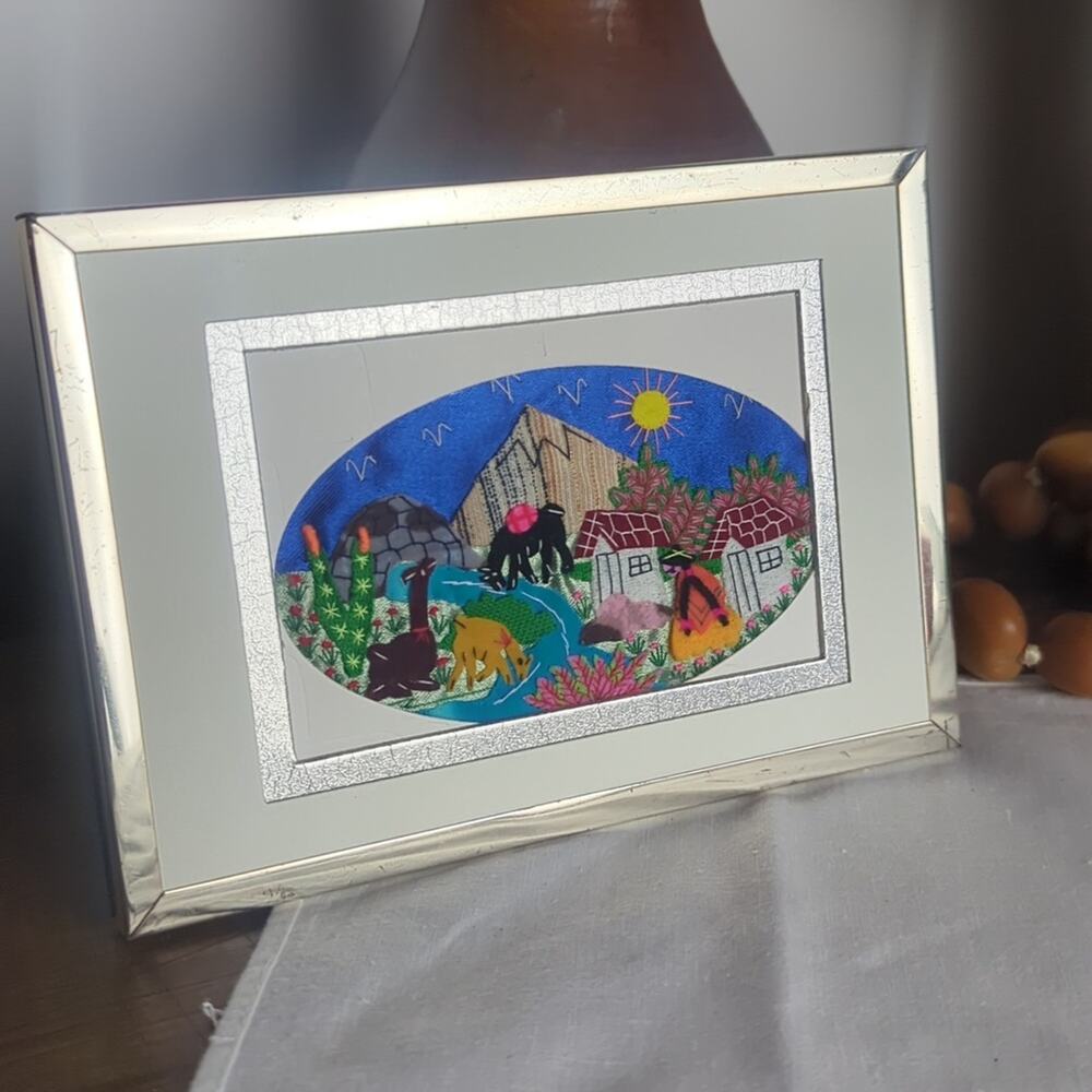 Framed Folk Boho Embroidery Patchwork Scene Hand-Stitched Textile Patchwork Art